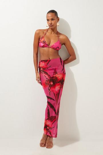 Abstract Floral Print Beach Maxi Skirt pink