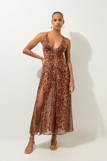 Animal Multi Cheetah Print Embellished Georgette Woven Beach Maxi Dress