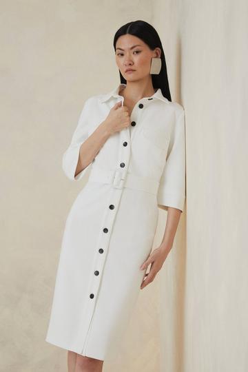 The Founder Petite Compact Stretch Belted Midi Dress ivory