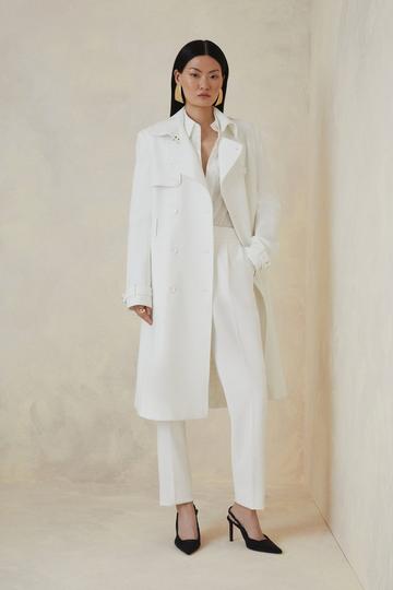 The Founder Petite Compact Stretch Belted Tailored Coat ivory