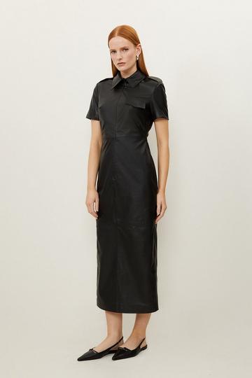 Black Leather Collared Short Sleeve Midi Pencil Dress