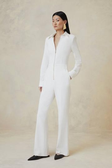 The Founder Compact Stretch Collared Tailored Jumpsuit ivory