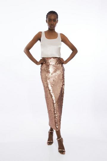 Sequin Woven Midi Skirt rose gold