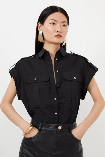 Black Pocket Detailed Poplin Shirt