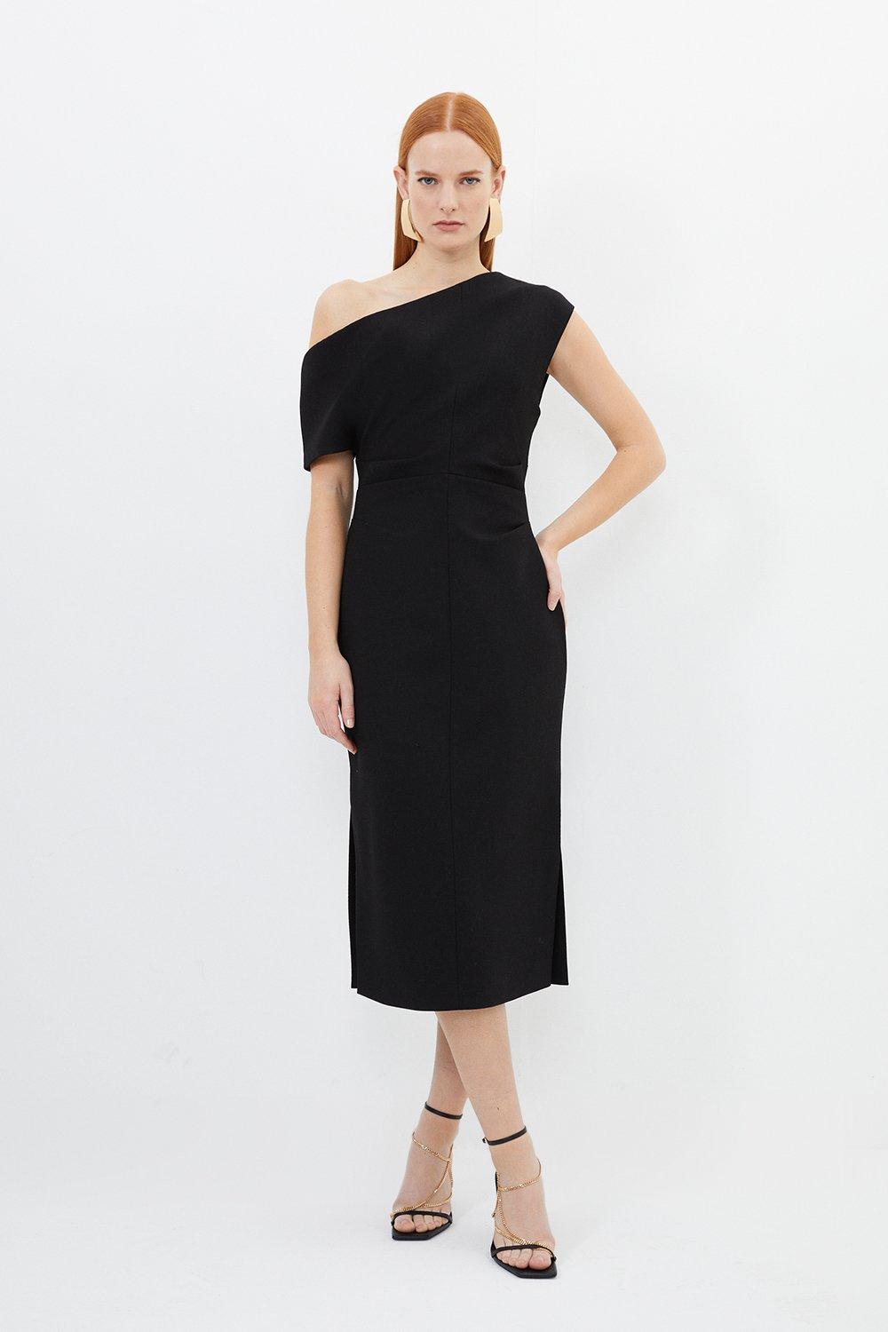 Petite Compact Stretch Drop Shoulder Tailored Midi Dress - Black