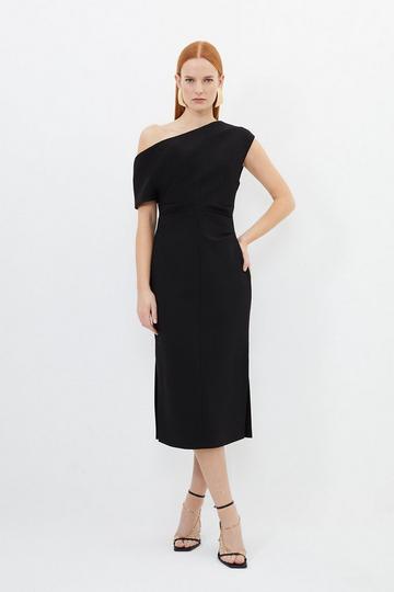 Black Petite Compact Stretch Drop Shoulder Tailored Midi Dress