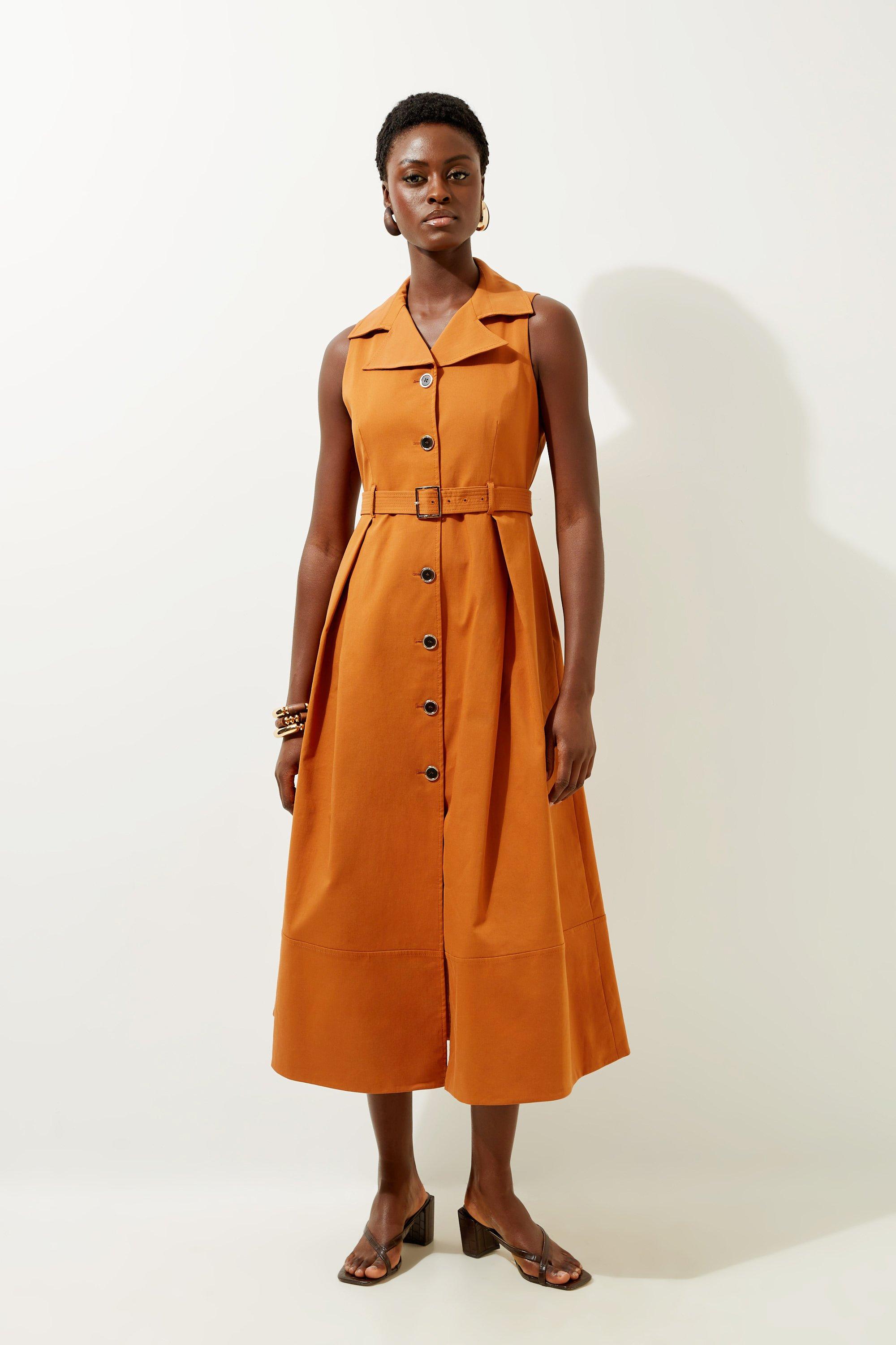 Tall Halter Neck Belted Full Skirted Shirt Dress - Brown