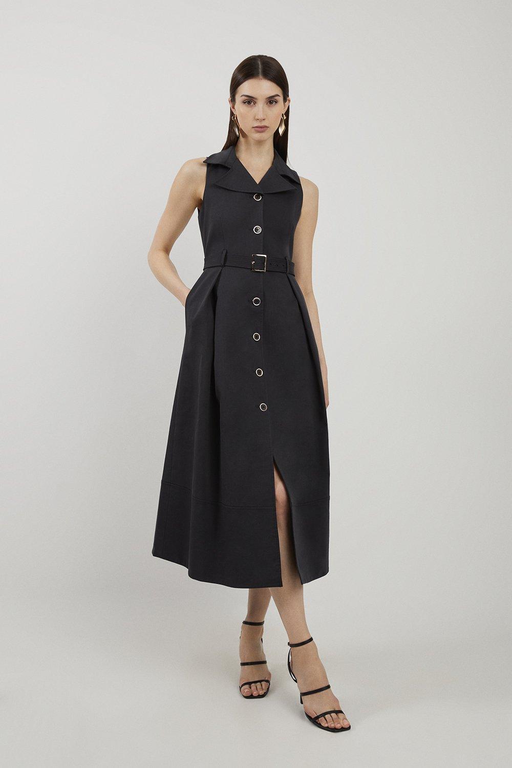 Petite Halter Neck Belted Full Skirted Shirt Dress - Black