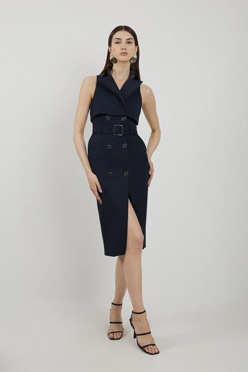 Double Breasted Storm Flap Detail Midi Shirt Dress navy