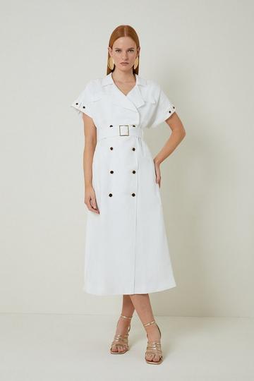 Premium Tailored Linen Viscose Double Breasted Belted Midi Shirt Dress ivory