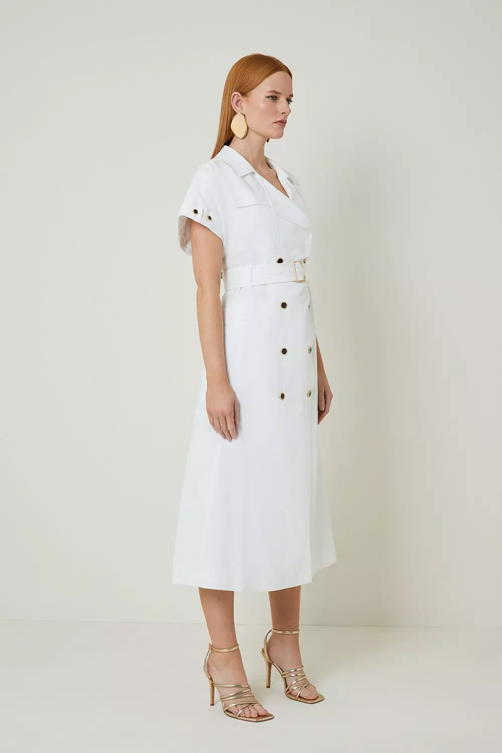 Linen Viscose Fluid Tailored Double Breasted Belted Midi Shirt Dress |  Karen Millen