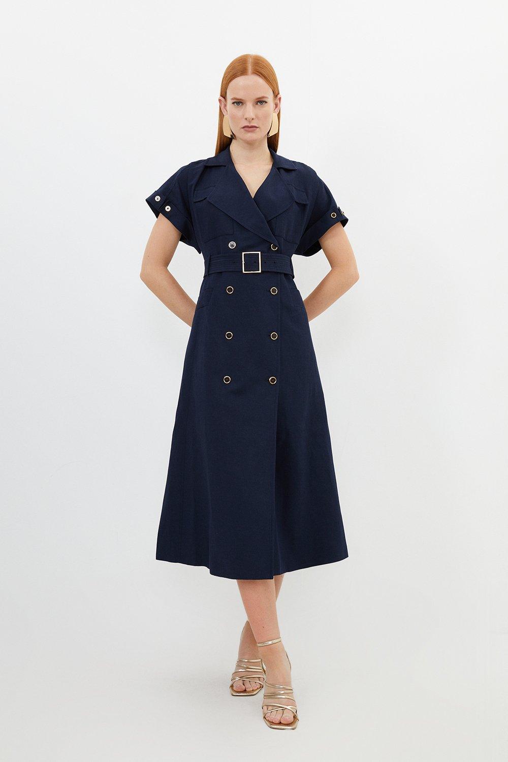 Premium Tailored Linen Viscose Double Breasted Belted Midi Shirt Dress - Navy