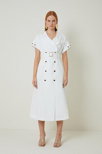 Petite Premium Linen Viscose Tailored Double Breasted Belt Midi Shirt Dress ivory