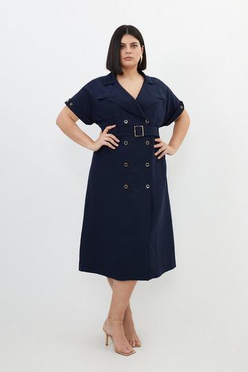 Navy Plus Size Premium Linen Viscose Tailored Double Breasted Belted Midi Shirt Dress