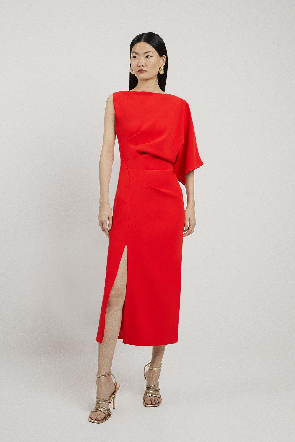 Petite Fluid Tailored Asymmetric Sleeve Maxi Dress - Red