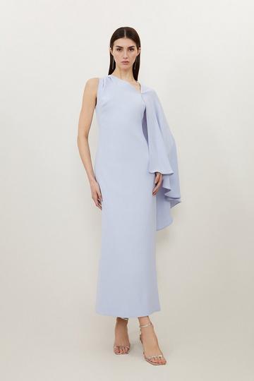 Fluid Tailored Asymmetric One Shoulder Drape Maxi Dress pale blue