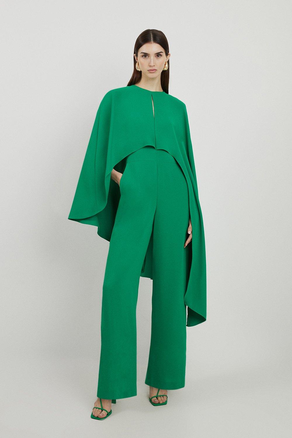 Fluid Tailored Asymmetric Draped Cape Straight Leg Jumpsuit - Green