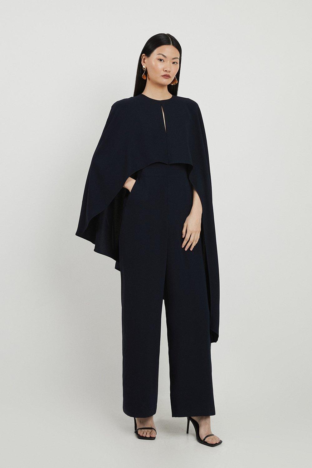 Fluid Tailored Asymmetric Draped Cape Straight Leg Jumpsuit - Navy