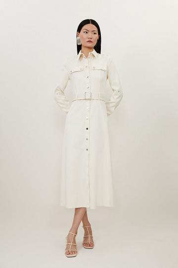Cream White Tailored Belted Midi Shirt Dress