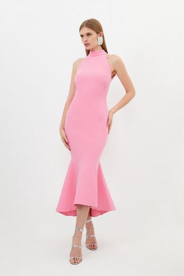 Petite Compact Stretch Tailored High Low Midi Dress bright pink