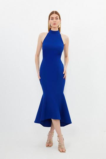Cobalt Blue Compact Stretch Tailored High Low Midi Dress