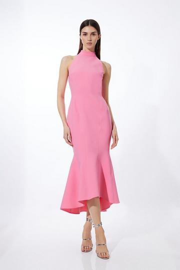 Pink Compact Stretch Tailored High Low Midi Dress
