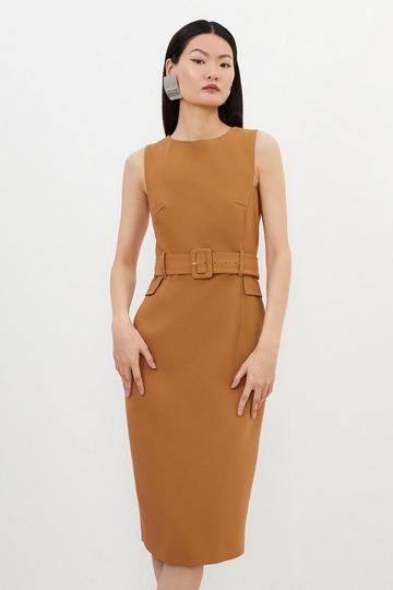 Petite Compact Stretch Belted Tailored Midi Pencil Dress camel