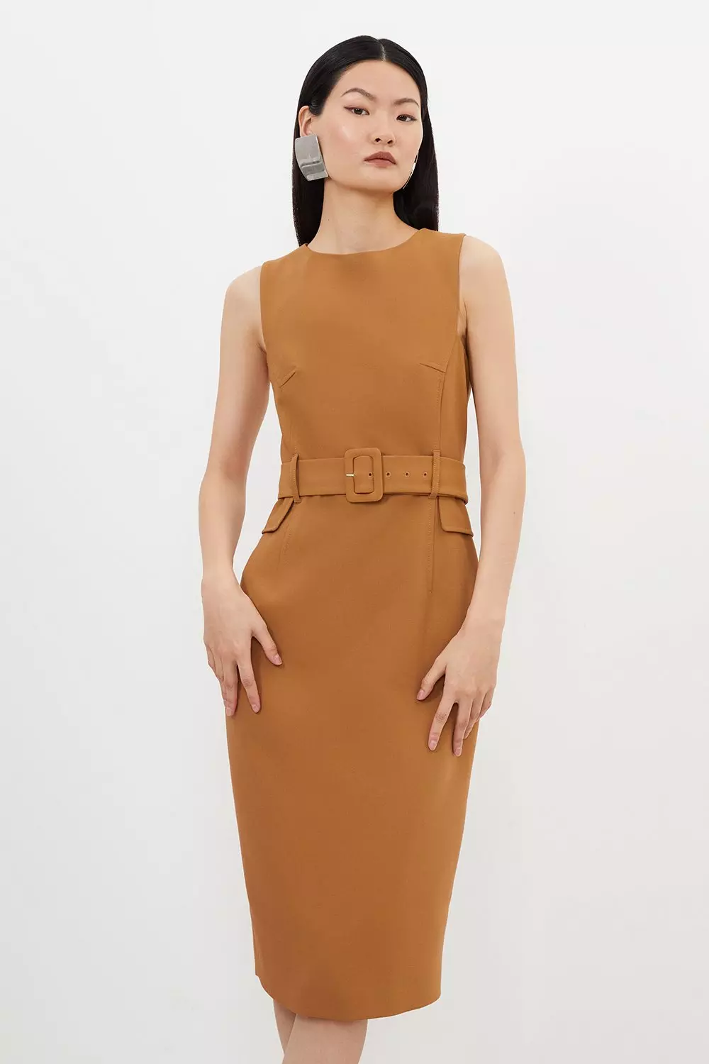 Petite Compact Stretch Belted Tailored Midi Pencil Dress Karen