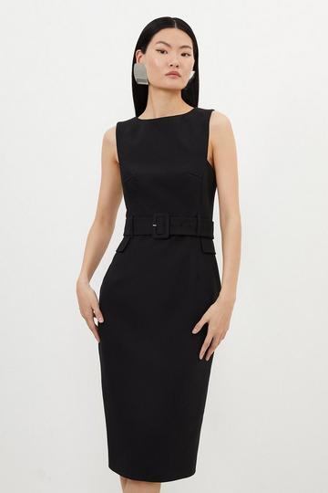 Compact Stretch Belted Tailored Midi Pencil Dress black