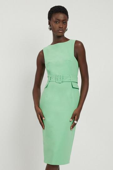 Green Compact Stretch Belted Tailored Midi Pencil Dress
