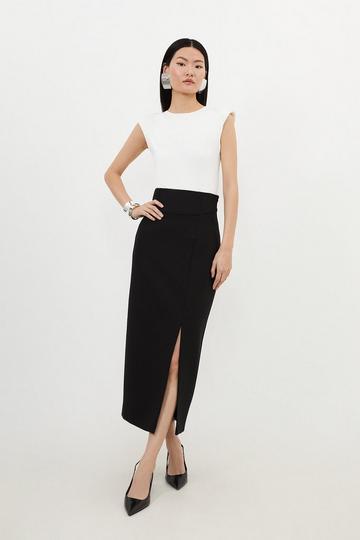 Black Compact Stretch Side Split Tailored Midi Pencil Skirt