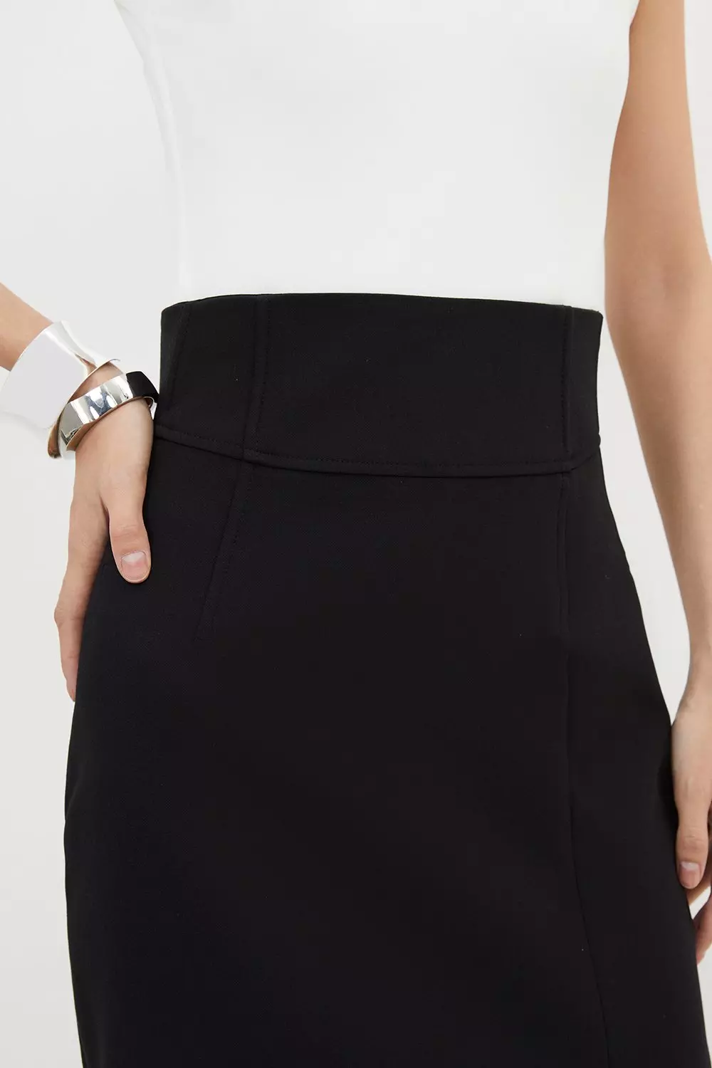 Compact Stretch Side Split Tailored Midi Pencil Skirt