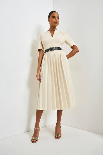 Tall Structured Crepe Forever Pleat Belted Midi Dress ivory