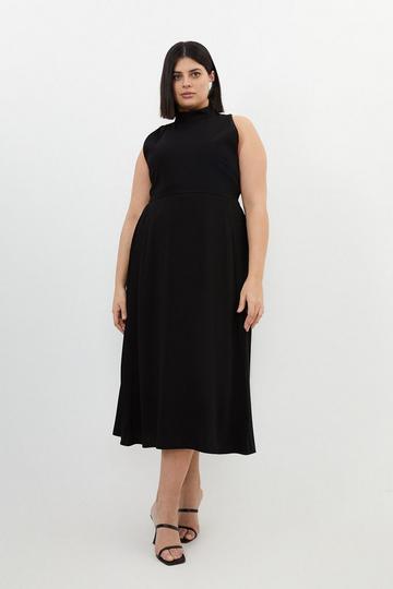 Black Plus Size Soft Tailored Pleated Panel Midaxi Dress