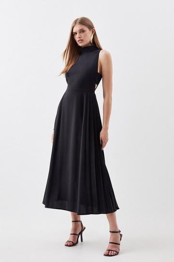 Black Petite Soft Tailored Pleated Panel Midaxi Dress