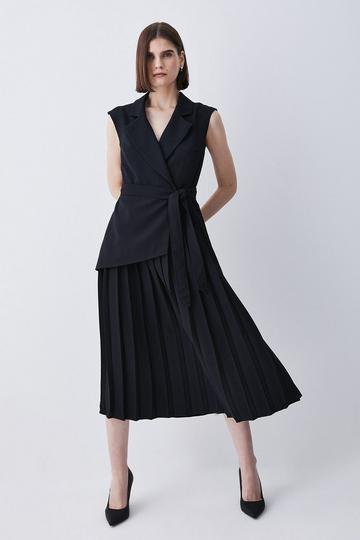 Black Petite Tailored Military Pleat Short Sleeve Mini Dress