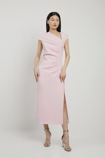 Pink Structured Crepe Asymmetric Neck Midi Dress