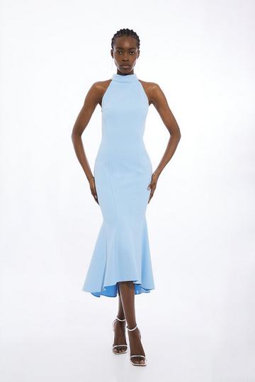 Blue Structured Crepe Waterfall Hem High Neck Dress