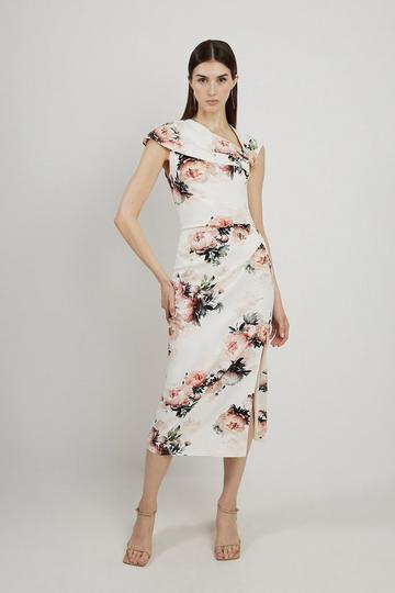 Floral Multi Viscose Satin Back Crepe Peony Asymmetric Neck Midi Dress