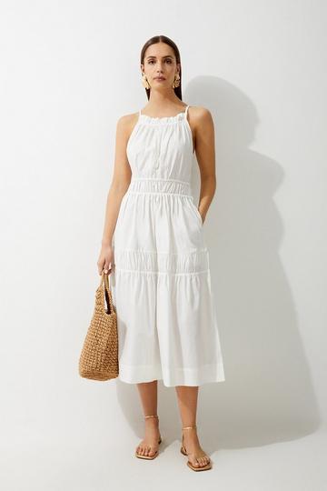 White Petite Organic Cotton Woven Shirred Tiered Maxi Dress