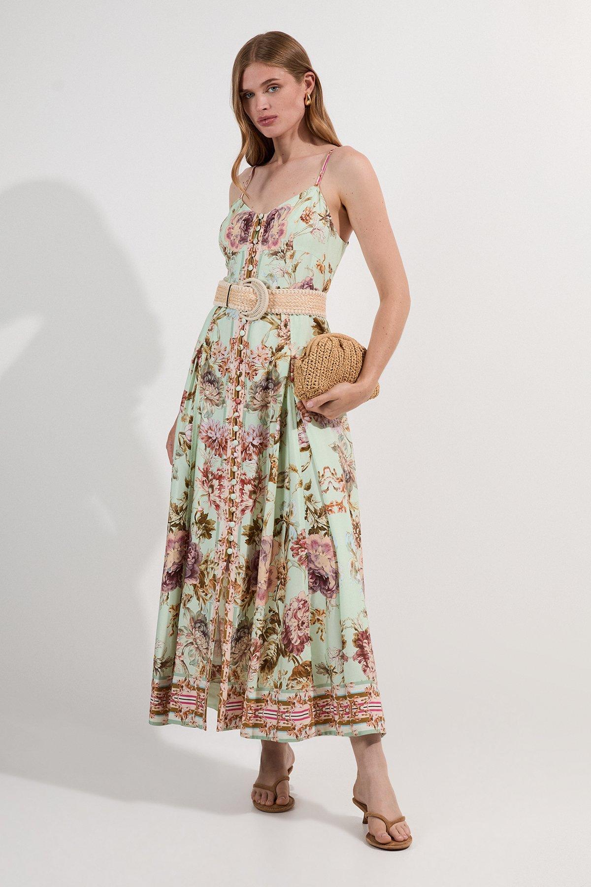 Mirrored Floral Viscose Linen Strappy Maxi Dress - Sage