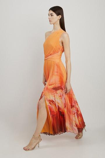 Orange Feather Border Print Soft Pleated One Shoulder Midaxi Dress
