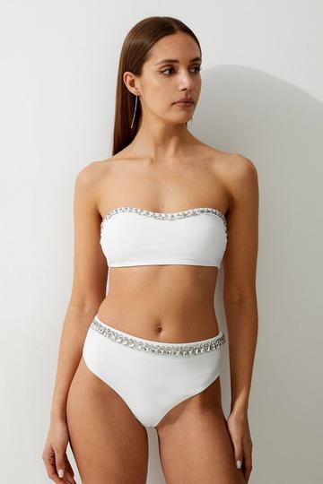 White Premium Embellished High Waist Bikini Bottoms