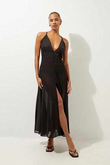 Black Embellished Strappy Plunge Beaxh Maxi Dress