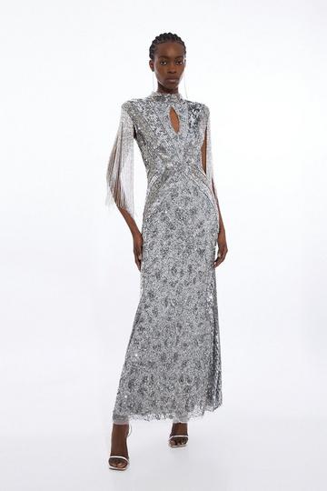Silver Petite Embellished Beaded Cap Sleeve Woven Maxi Dress