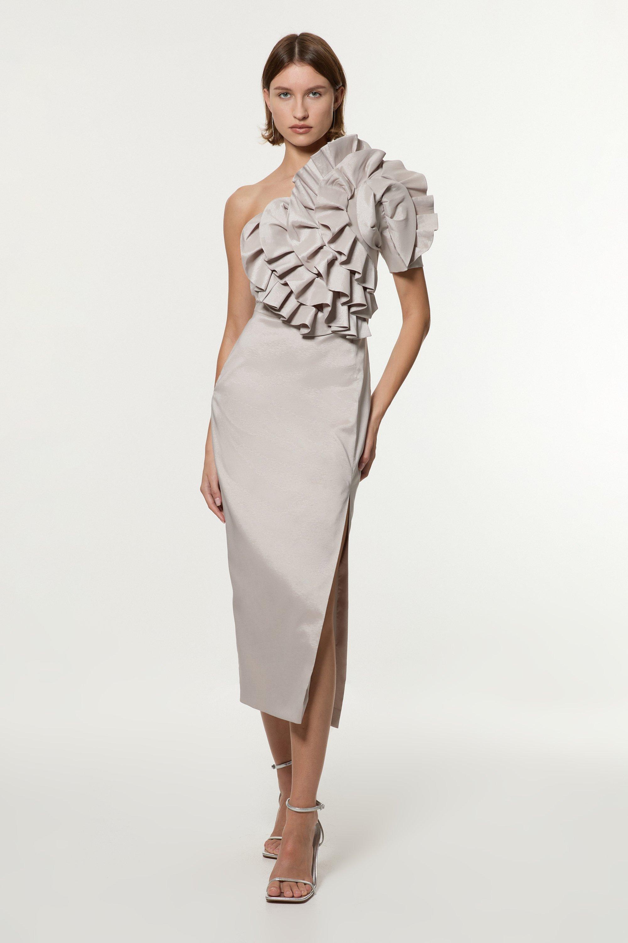 Metallic Taffeta Rosette Maxi Bardot Dress - Silver