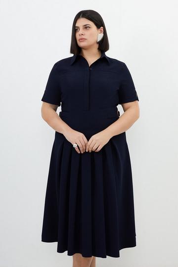 Plus Size Tailored Crepe Short Sleeve Pleated Midi Dress navy