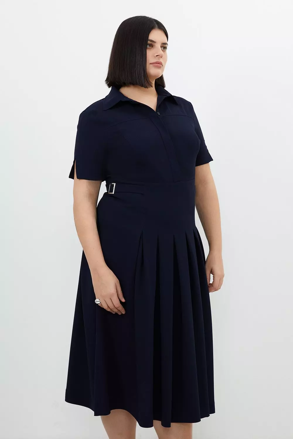 Blue Crepe Dress with Pleated Sleeve Plus Size Clothing