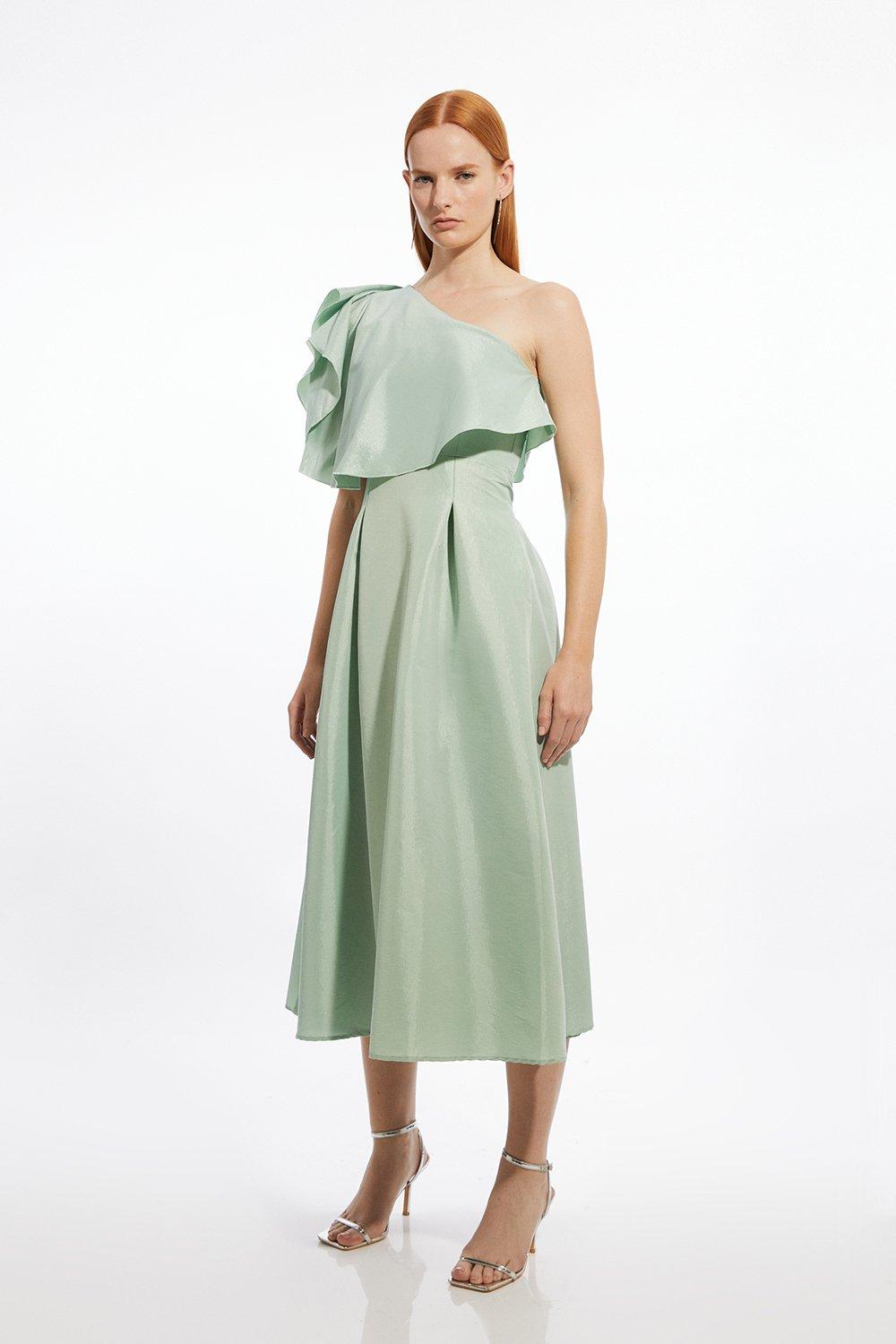 Taffeta One Shoulder Ruffle Midi Dress - Sage