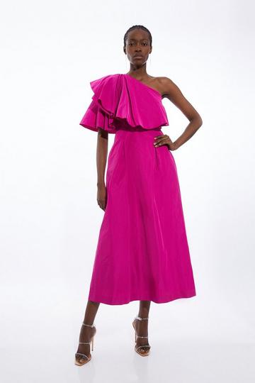 Hot-pink Pink Petite Taffeta One Shoulder Ruffle Midi Dress